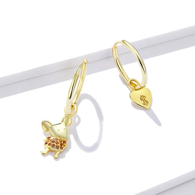 (imagem para) Pandora Style Lucky Rat and Heart Hoop Earrings - BSE344-L - Visualizar 4