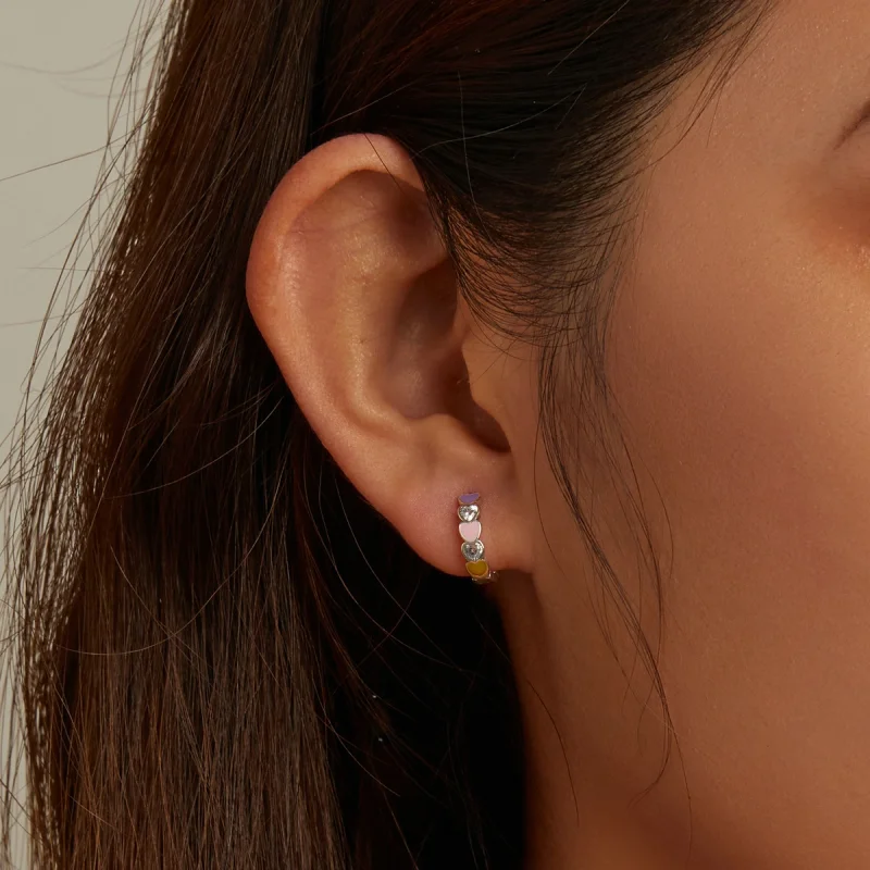 (imagem para) Pandora Style Rainbow Heart Hoop Earrings - SCE1342 - Visualizar 5