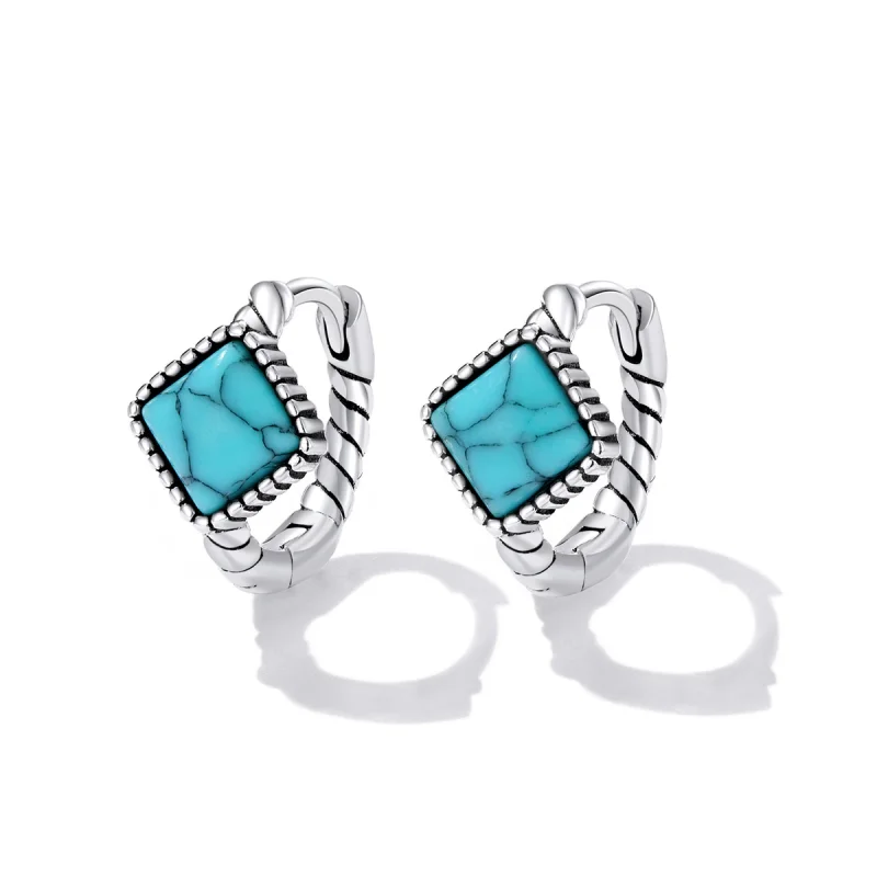 (imagem para) Pandora Style Square Turquoise Hoop Earrings - BSE590 - Visualizar 2