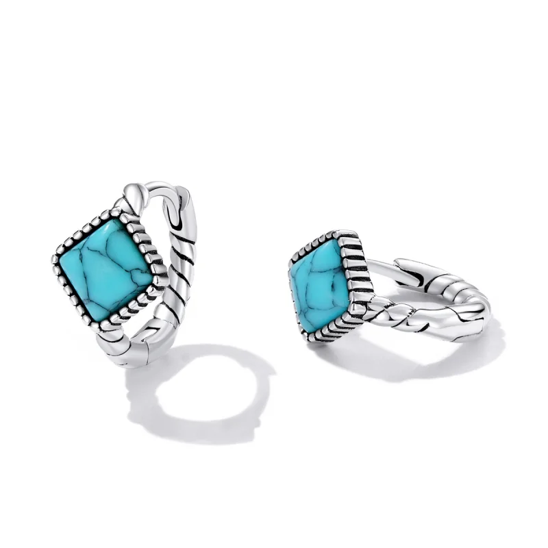 (imagem para) Pandora Style Square Turquoise Hoop Earrings - BSE590 - Visualizar 3
