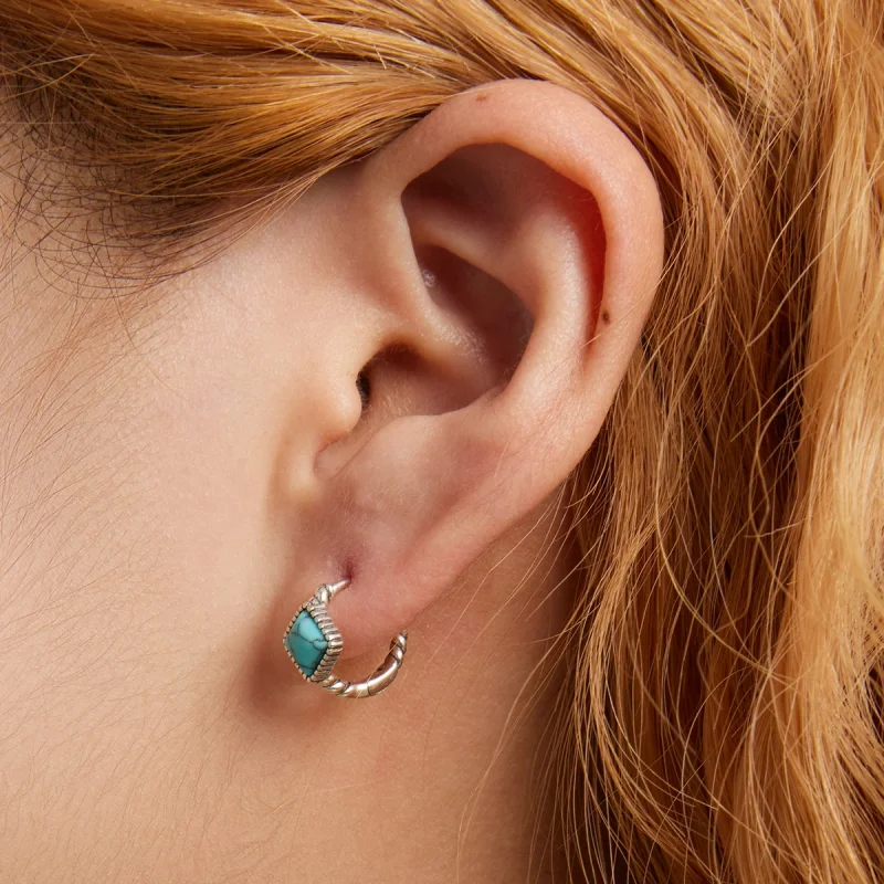(imagem para) Pandora Style Square Turquoise Hoop Earrings - BSE590 - Visualizar 6