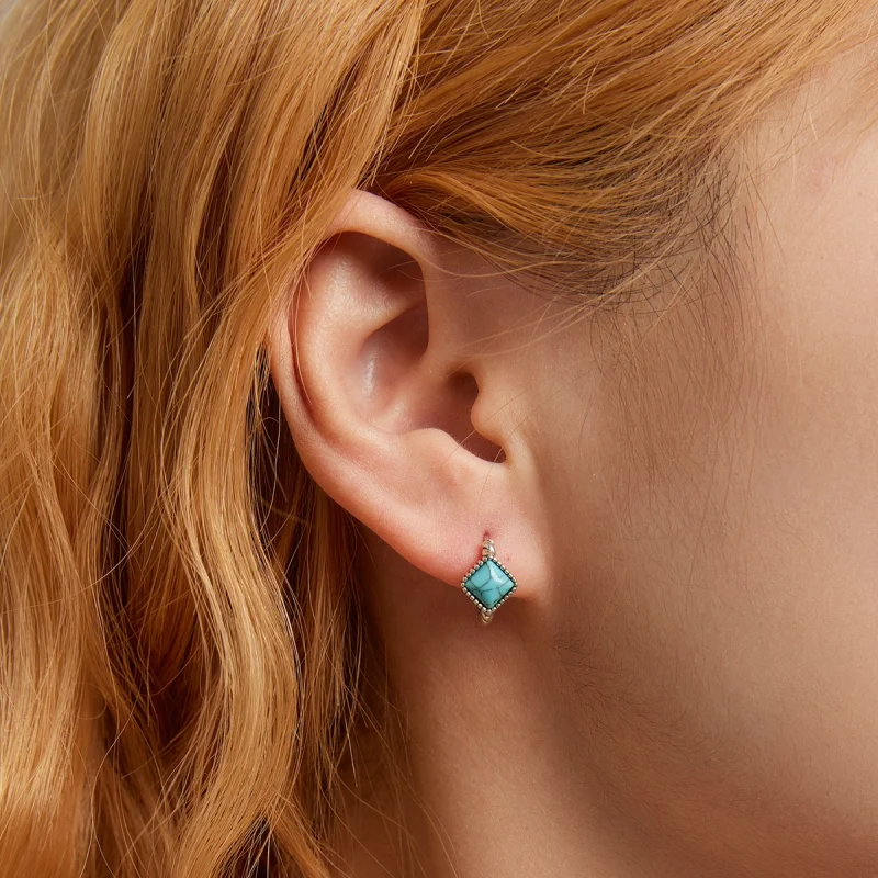 (imagem para) Pandora Style Square Turquoise Hoop Earrings - BSE590 - Visualizar 7