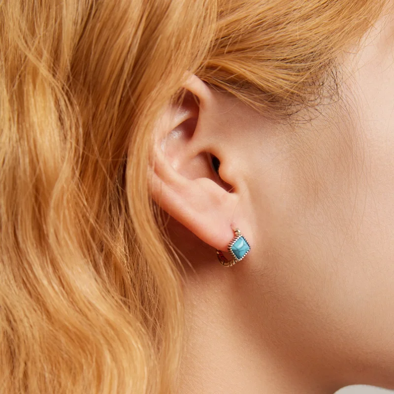 (imagem para) Pandora Style Square Turquoise Hoop Earrings - BSE590 - Visualizar 8