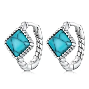 (imagem para) Pandora Style Square Turquoise Hoop Earrings - BSE590