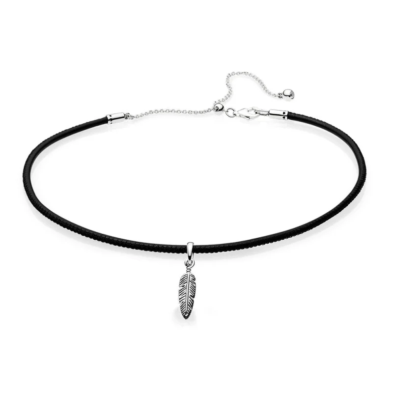 (imagem para) Colar Choker Pandora De Couro Preto Com Pendente Pena