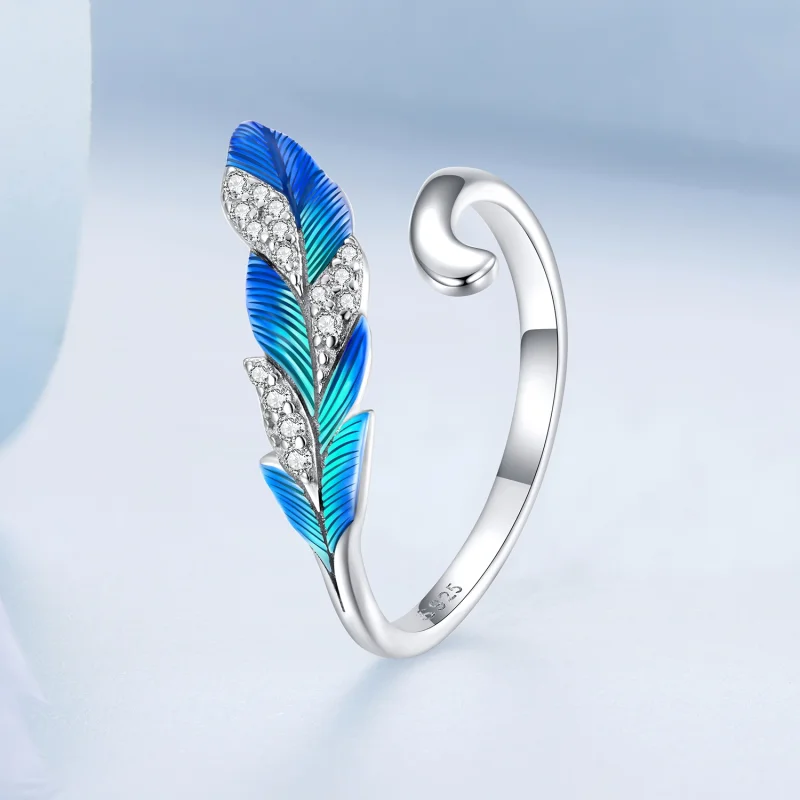 (imagem para) Pandora Style Dazzling Blue Feather Open Ring - BSR301 - Visualizar 2
