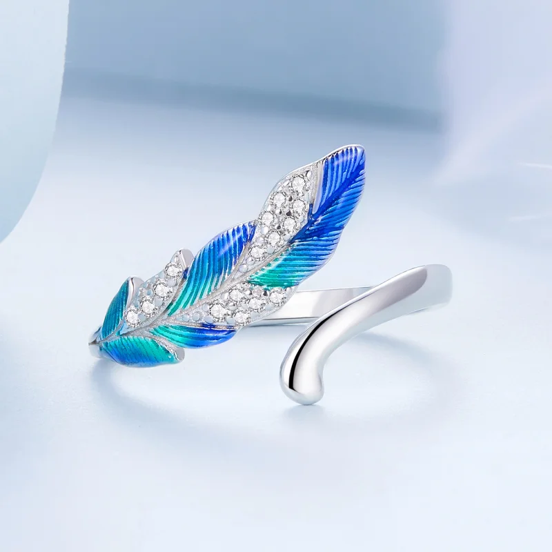 (imagem para) Pandora Style Dazzling Blue Feather Open Ring - BSR301 - Visualizar 3
