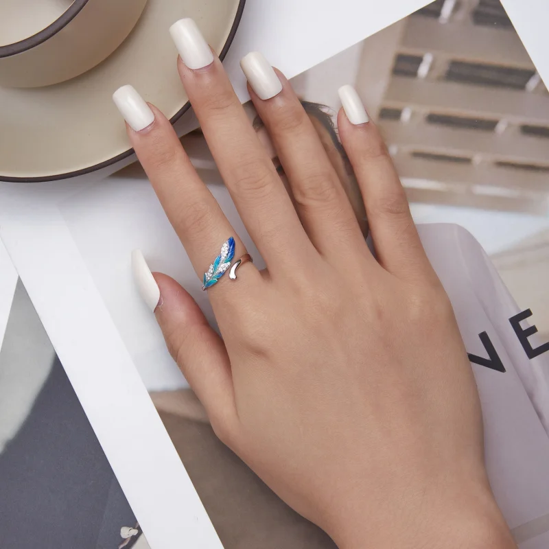 (imagem para) Pandora Style Dazzling Blue Feather Open Ring - BSR301 - Visualizar 5