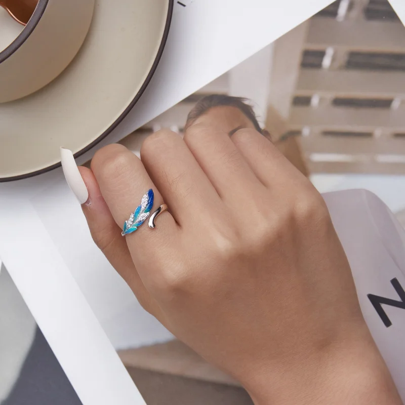 (imagem para) Pandora Style Dazzling Blue Feather Open Ring - BSR301 - Visualizar 6