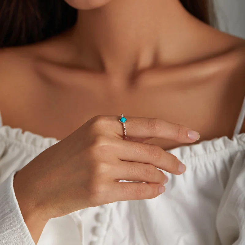 (imagem para) Pandora Style Geometric Turquoise Open Ring - SCR753 - Visualizar 6