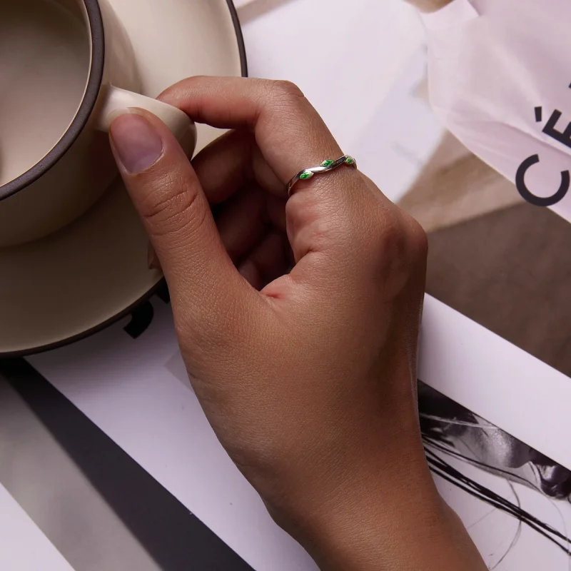 (imagem para) Pandora Style Green Leaves Open Ring - SCR808 - Visualizar 6