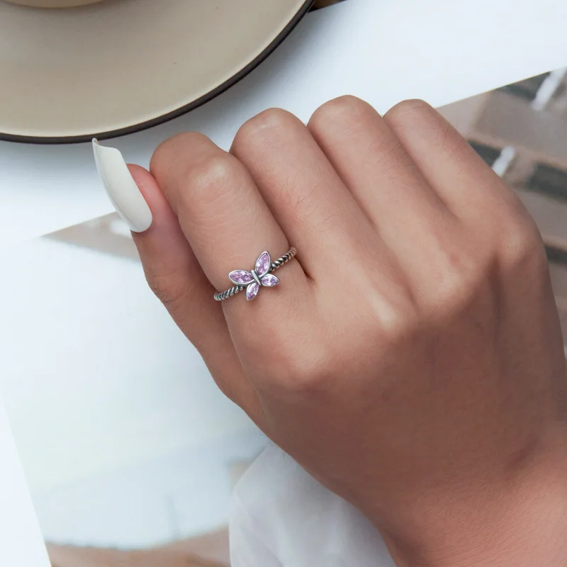 (imagem para) Pandora Style Pink Butterfly Twist Open Ring - SCR872 - Visualizar 5