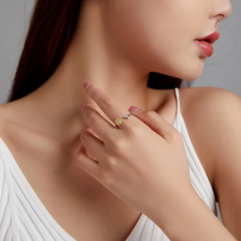 (imagem para) Pandora Style Sun Flower Open Ring - BSR213 - Visualizar 9