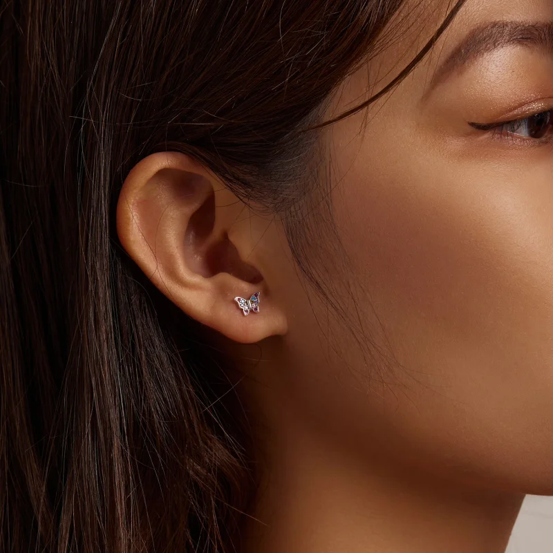 (imagem para) Pandora Style Colorful Butterfly Stud Earrings - BSE514 - Visualizar 3