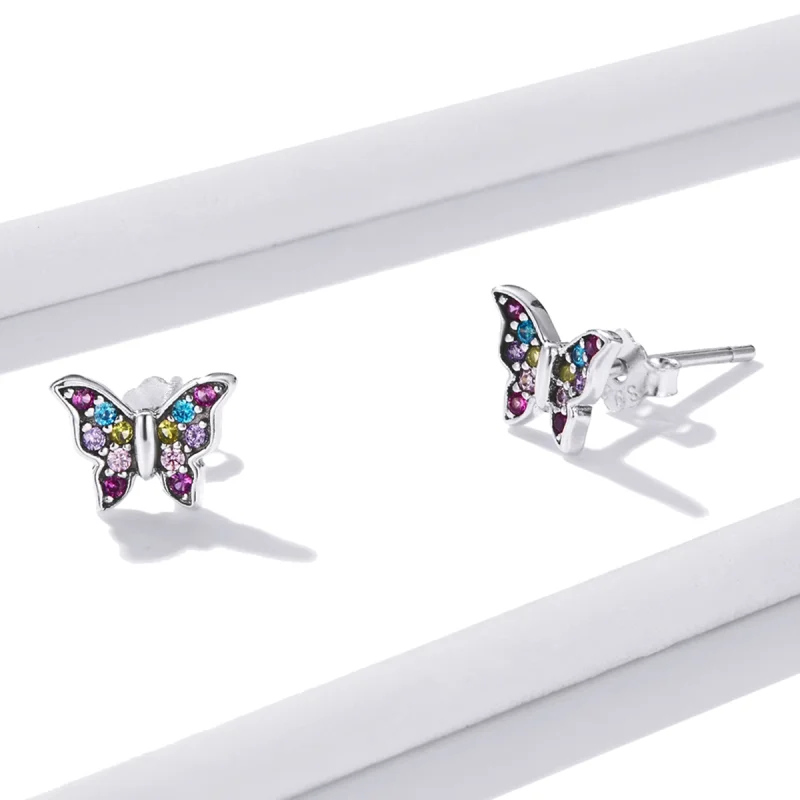 (imagem para) Pandora Style Colorful Butterfly Stud Earrings - BSE514 - Visualizar 2