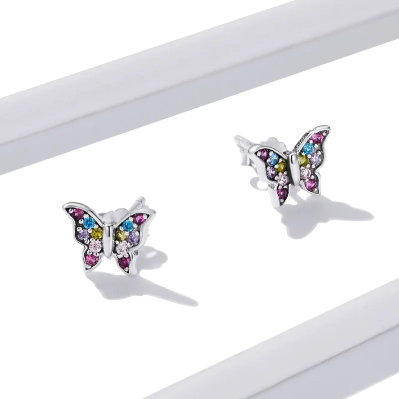(imagem para) Pandora Style Colorful Butterfly Stud Earrings - BSE514 - Visualizar 4