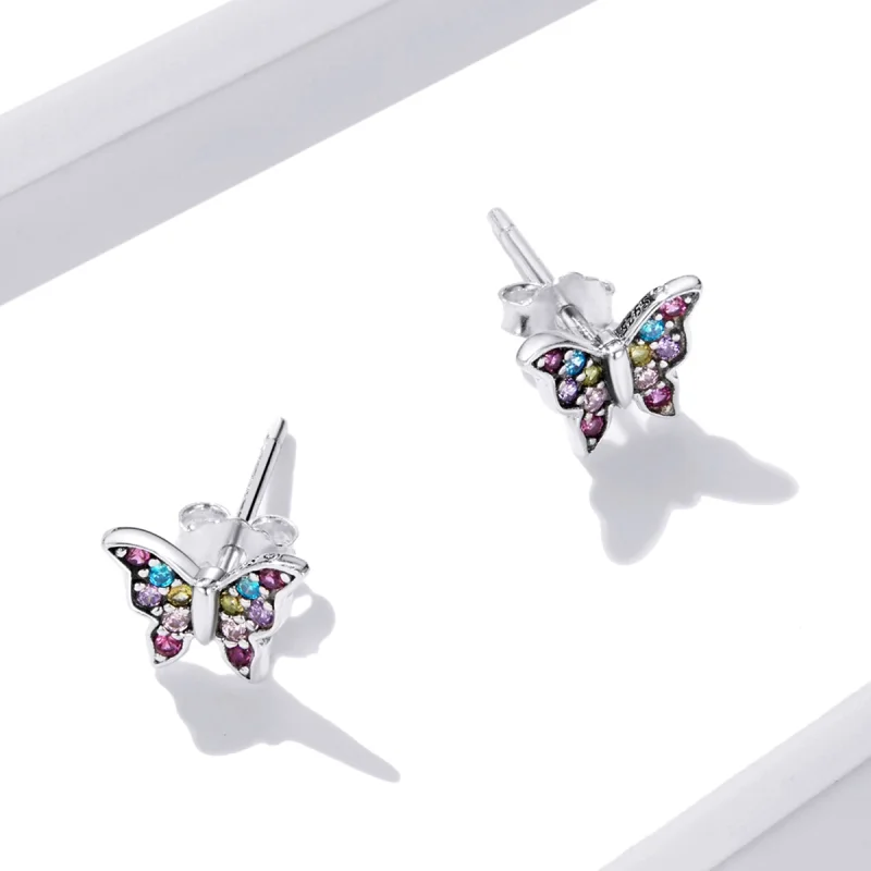 (imagem para) Pandora Style Colorful Butterfly Stud Earrings - BSE514 - Visualizar 5