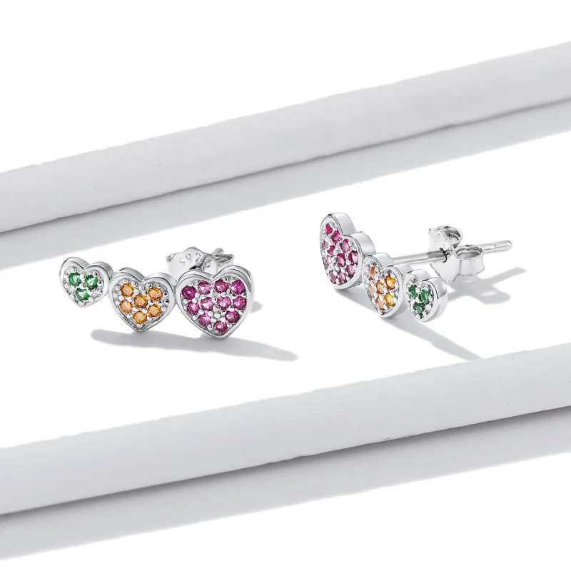 (imagem para) Pandora Style Colorful Hearts Stud Earrings - BSE588 - Visualizar 2