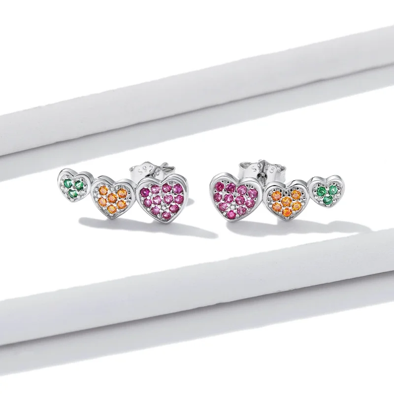 (imagem para) Pandora Style Colorful Hearts Stud Earrings - BSE588 - Visualizar 4