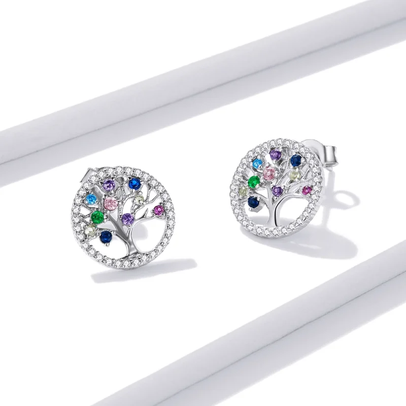 (imagem para) Pandora Style Colorful Tree of Life Stud Earrings - BSE497 - Visualizar 3