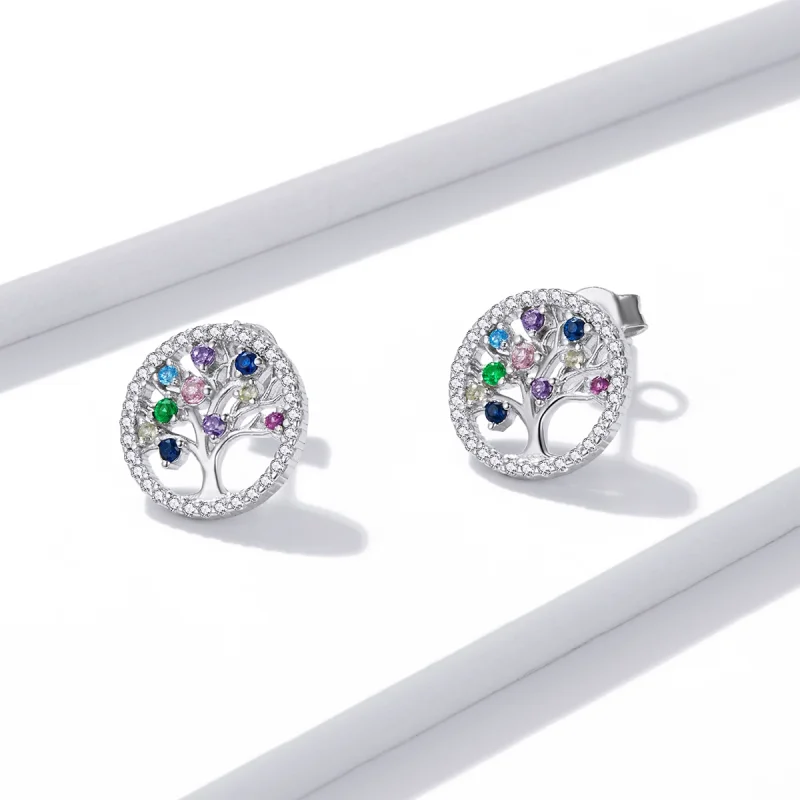 (imagem para) Pandora Style Colorful Tree of Life Stud Earrings - BSE497 - Visualizar 4
