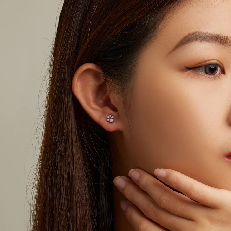 (imagem para) Pandora Style Cute Cat Paw Stud Earrings - SCE1516 - Visualizar 7