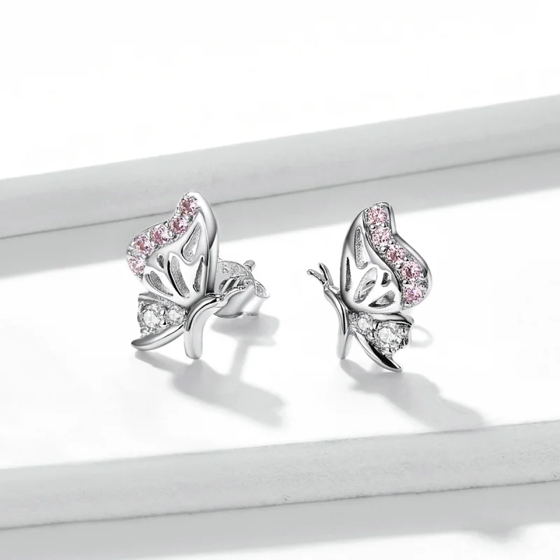 (imagem para) Pandora Style Delicate Butterfly Stud Earrings - BSE574 - Visualizar 3