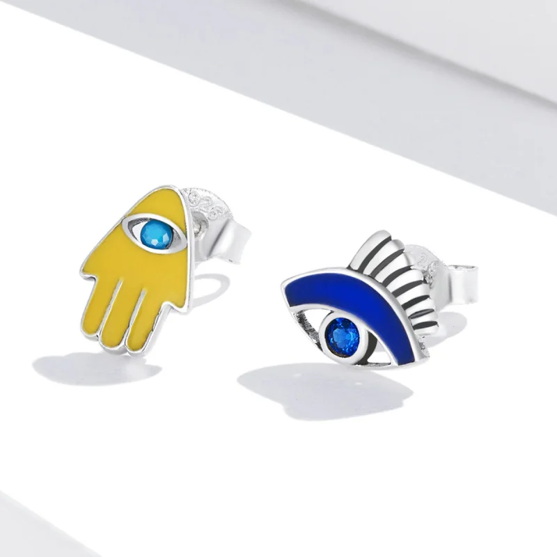 (imagem para) Pandora Style Devil Eye Lucky Hand Set Stud Earrings - SCE1341 - Visualizar 2