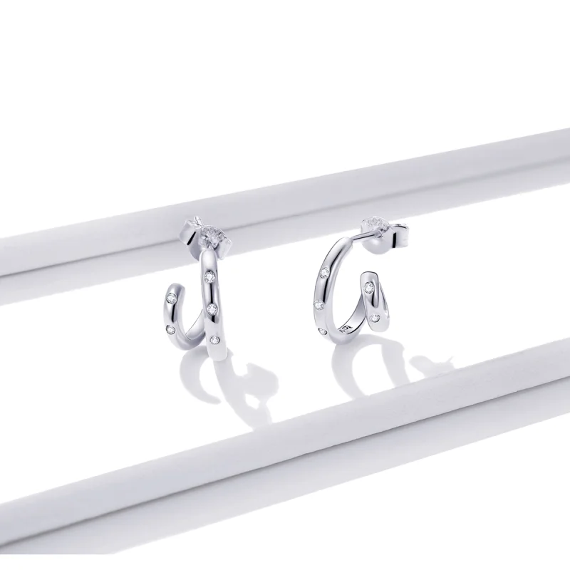 (imagem para) Pandora Style Double Circle Stud Earrings - BSE494 - Visualizar 2