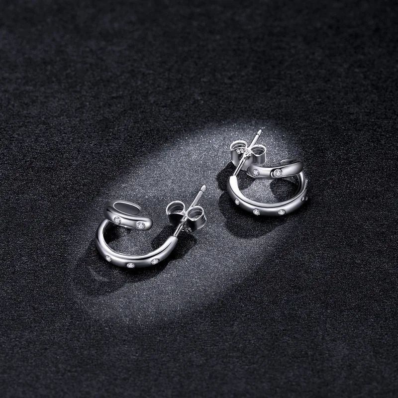 (imagem para) Pandora Style Double Circle Stud Earrings - BSE494 - Visualizar 5