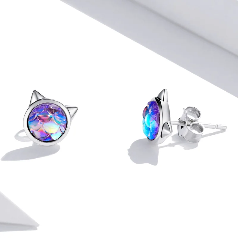 (imagem para) Pandora Style Fish Scale Cat Head Stud Earrings - SCE1301 - Visualizar 4