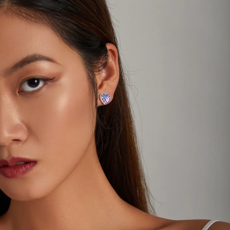 (imagem para) Pandora Style Fish Scale Heart Stud Earrings - SCE1300 - Visualizar 5