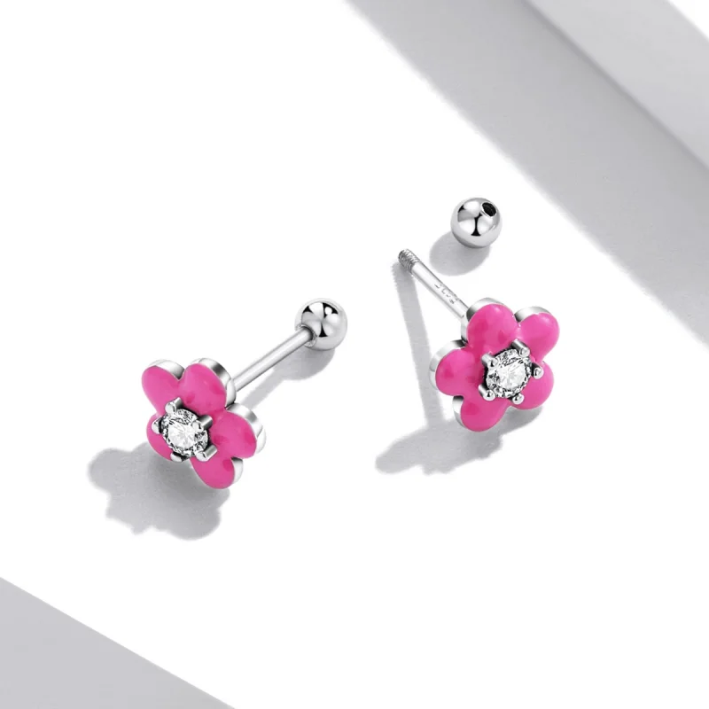 (imagem para) Pandora Style Fluorescent Pink Flowers Stud Earrings - SCE1353 - Visualizar 3