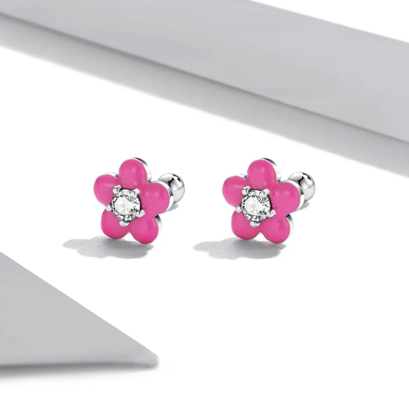 (imagem para) Pandora Style Fluorescent Pink Flowers Stud Earrings - SCE1353 - Visualizar 4