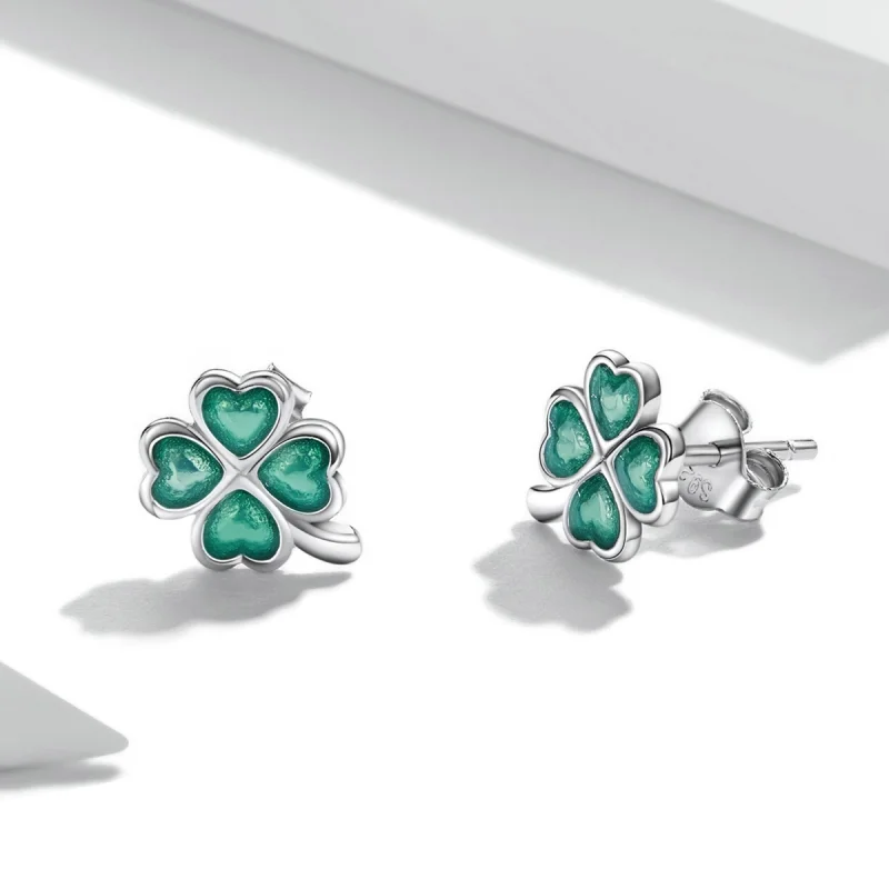 (imagem para) Pandora Style Four Leaf Clover Stud Earrings - SCE1346 - Visualizar 3
