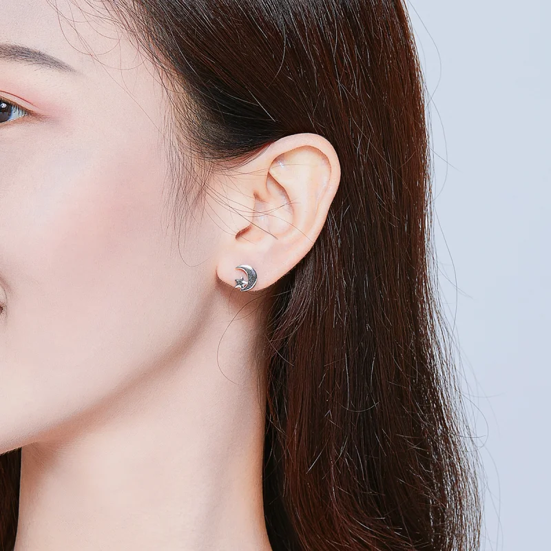 (imagem para) Pandora Style Moon and Stars Stud Earrings - SCE726 - Visualizar 6