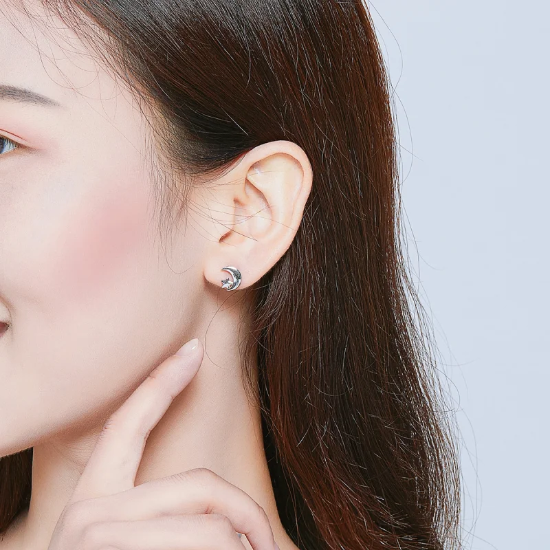 (imagem para) Pandora Style Moon and Stars Stud Earrings - SCE726 - Visualizar 7