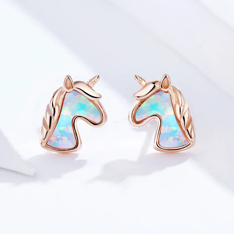 (imagem para) Pandora Style Ocean Blue Opal Unicorn Stud Earrings - SCE815-C - Visualizar 2