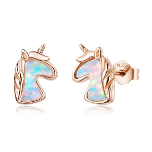 (imagem para) Pandora Style Ocean Blue Opal Unicorn Stud Earrings - SCE815-C