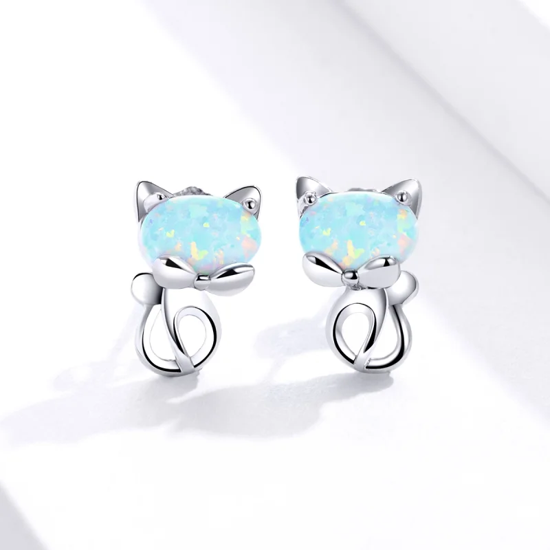 (imagem para) Pandora Style Opal Cute Cat Stud Earrings - SCE828 - Visualizar 2
