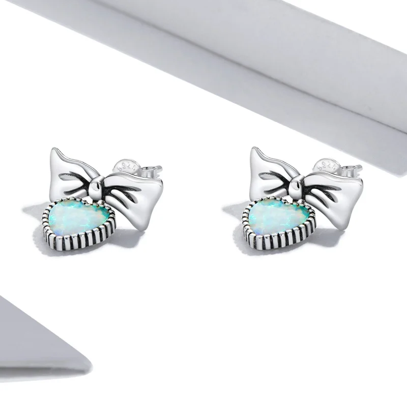 (imagem para) Pandora Style Opal Heart Bow Stud Earrings - SCE1374 - Visualizar 2