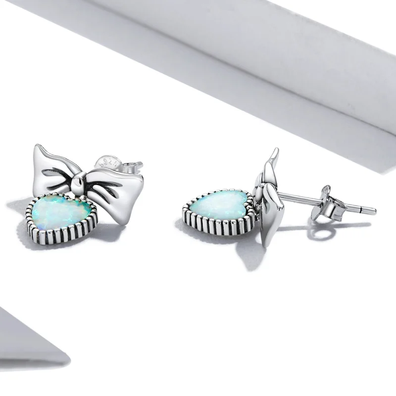 (imagem para) Pandora Style Opal Heart Bow Stud Earrings - SCE1374 - Visualizar 3