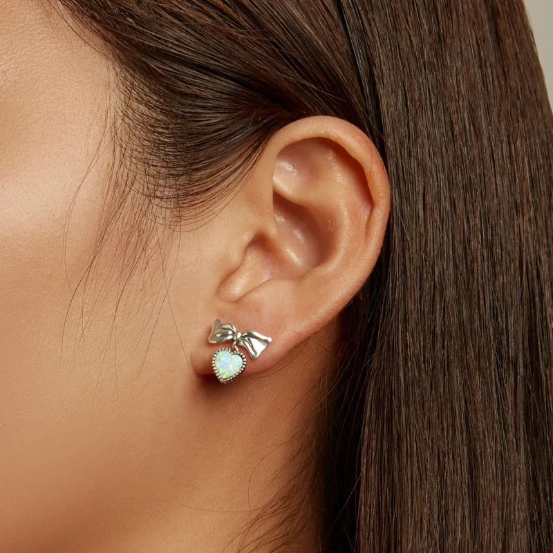 (imagem para) Pandora Style Opal Heart Bow Stud Earrings - SCE1374 - Visualizar 7