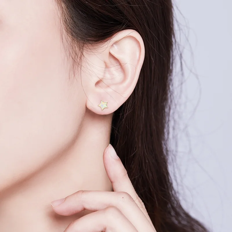 (imagem para) Pandora Style Opal Pentagram Stud Earrings - SCE674 - Visualizar 5