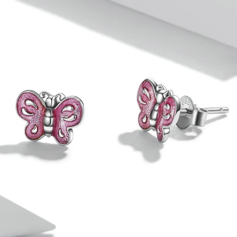 (imagem para) Pandora Style Pink Butterfly Stud Earrings - SCE1344 - Visualizar 3