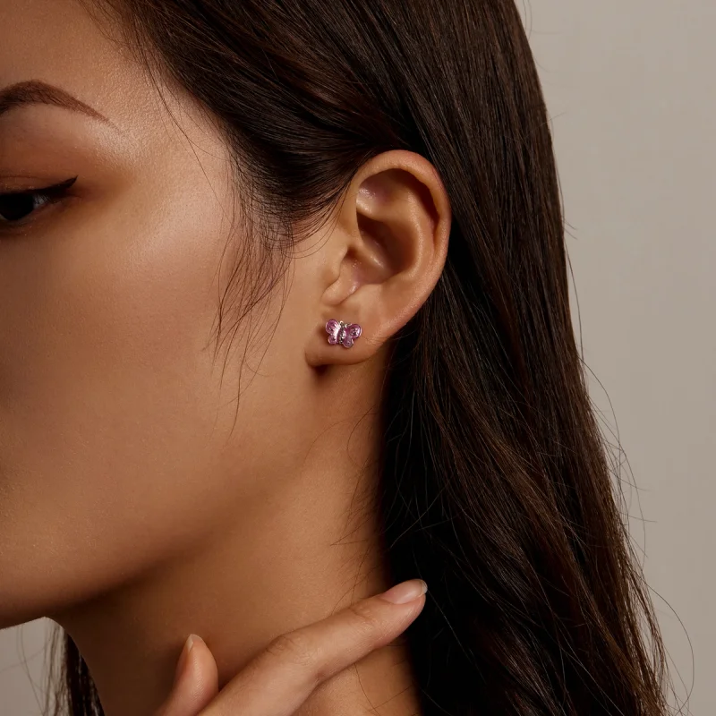 (imagem para) Pandora Style Pink Butterfly Stud Earrings - SCE1344 - Visualizar 5