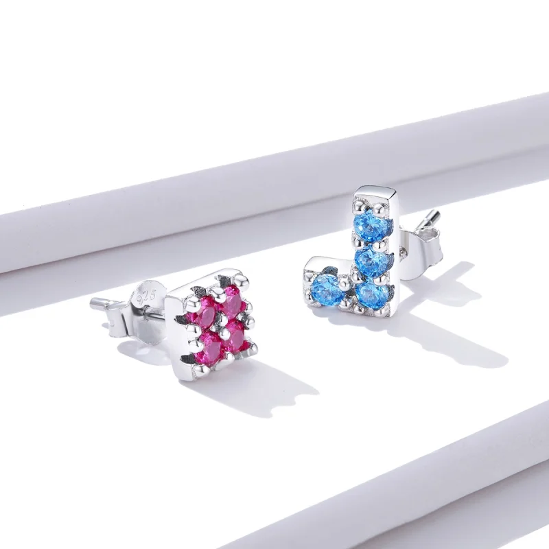(imagem para) Pandora Style Tetris Stud Earrings - BSE365 - Visualizar 4