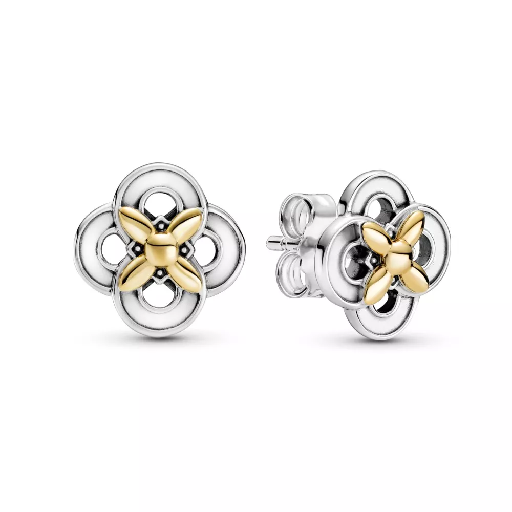 Brincos Flower, Prata e Ouro 14k Pandora - 299349C00