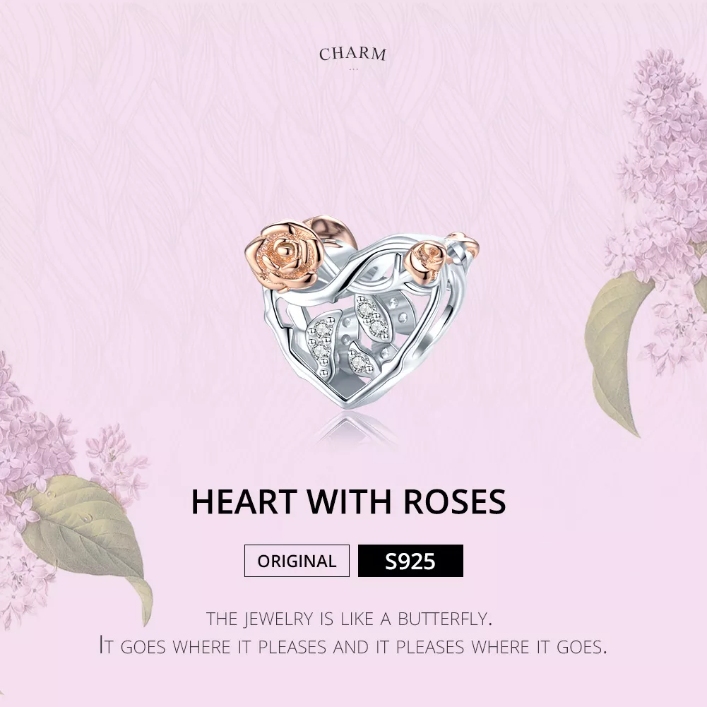 Charm Coração Com Rosas estilo Pandora - BSC280
