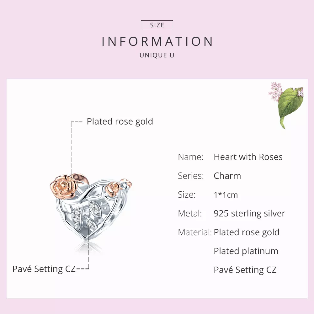 Charm Coração Com Rosas estilo Pandora - BSC280